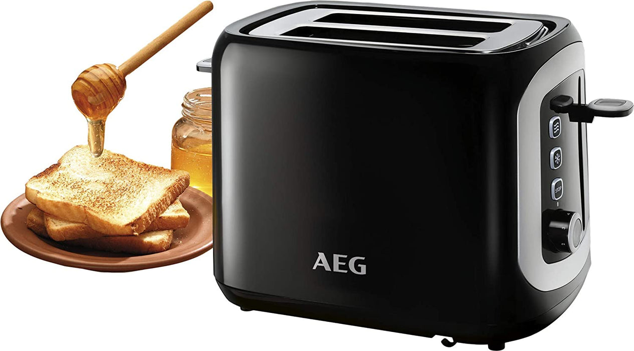 AEG Doppelschlitz-Toaster / Brötchenaufsatz / Staubschutz-Deckel / 7 Bräunungsgrad-Einstellungen / Brötchenaufback-Funktion