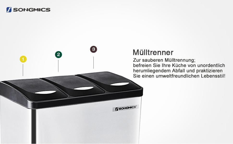 Mülleimer für die Küche, Treteimer aus Metall, 3-in-1 Abfalleimer, 24 Liter, Mülltrennung, Mülltrennsystem, einfach zu reinigen, Stahl, silbern