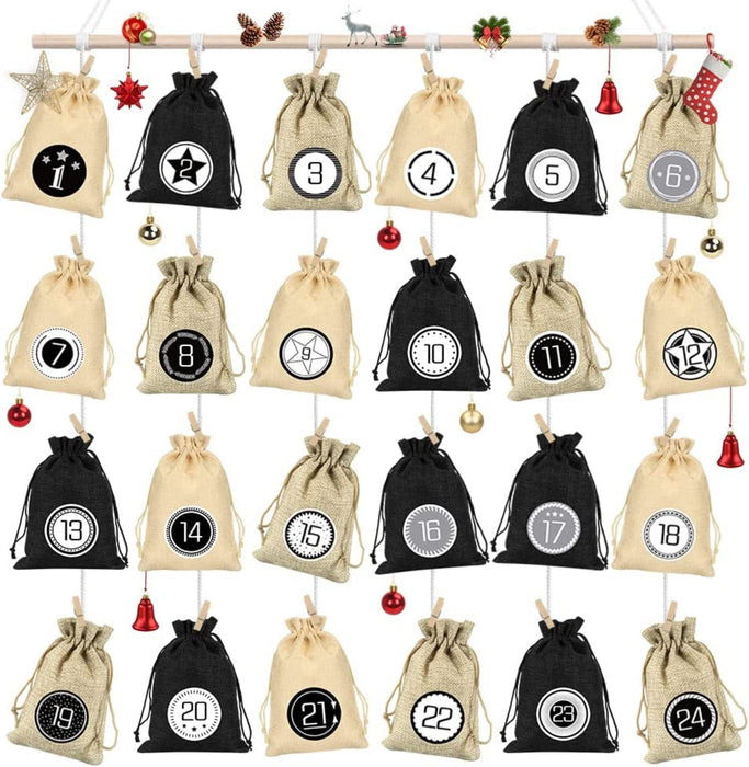Adventskalender zum Befüllen Säckchen, 24 Weihnachtskalender Stoffbeutel, Adventskalender Säckchen Wiederverwendbar, Weihnachtskalender Jutesäckchen