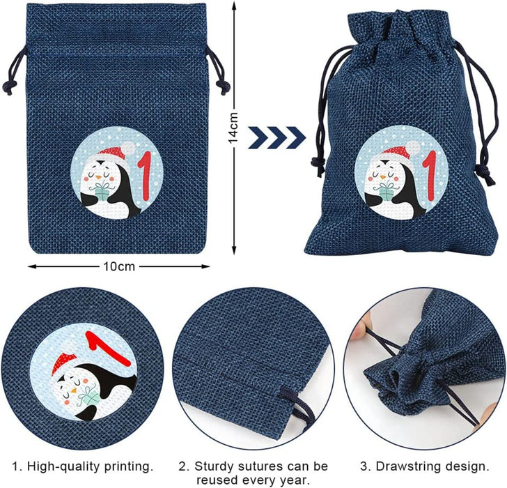 Adventskalender zum Befüllen Säckchen, 24 Weihnachtskalender Stoffbeutel, Adventskalender Säckchen Wiederverwendbar, Weihnachtskalender Jutesäckchen