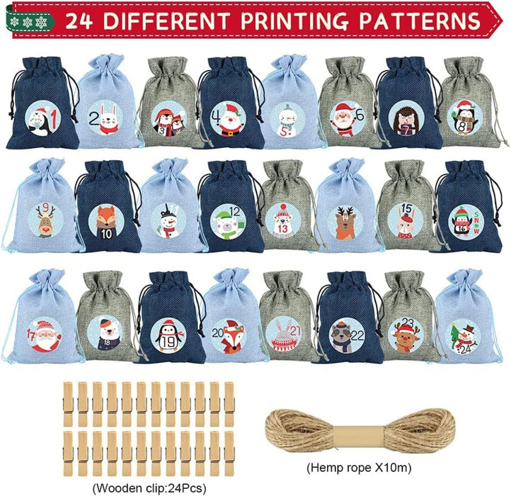 Adventskalender zum Befüllen Säckchen, 24 Weihnachtskalender Stoffbeutel, Adventskalender Säckchen Wiederverwendbar, Weihnachtskalender Jutesäckchen