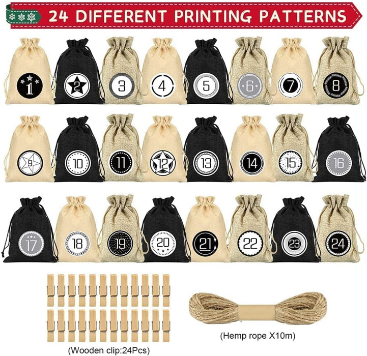 Adventskalender zum Befüllen Säckchen, 24 Weihnachtskalender Stoffbeutel, Adventskalender Säckchen Wiederverwendbar, Weihnachtskalender Jutesäckchen