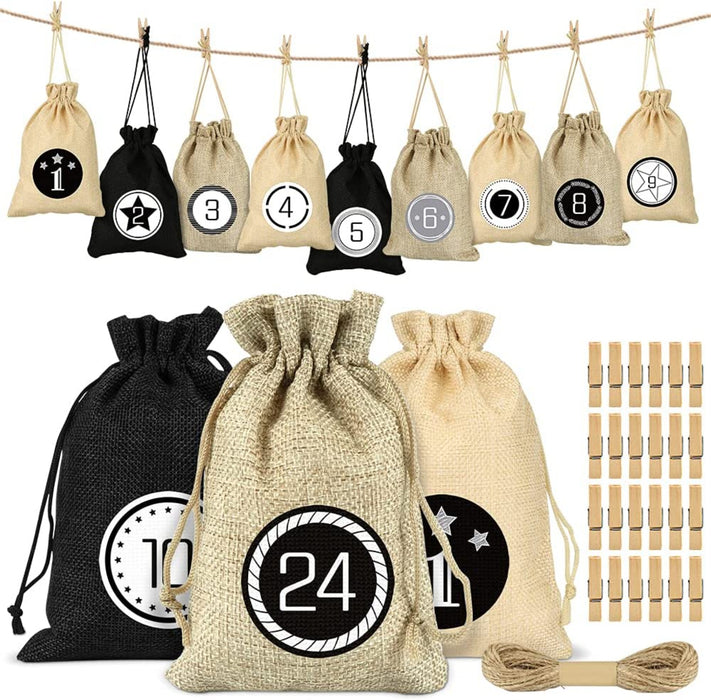 Adventskalender zum Befüllen Säckchen, 24 Weihnachtskalender Stoffbeutel, Adventskalender Säckchen Wiederverwendbar, Weihnachtskalender Jutesäckchen