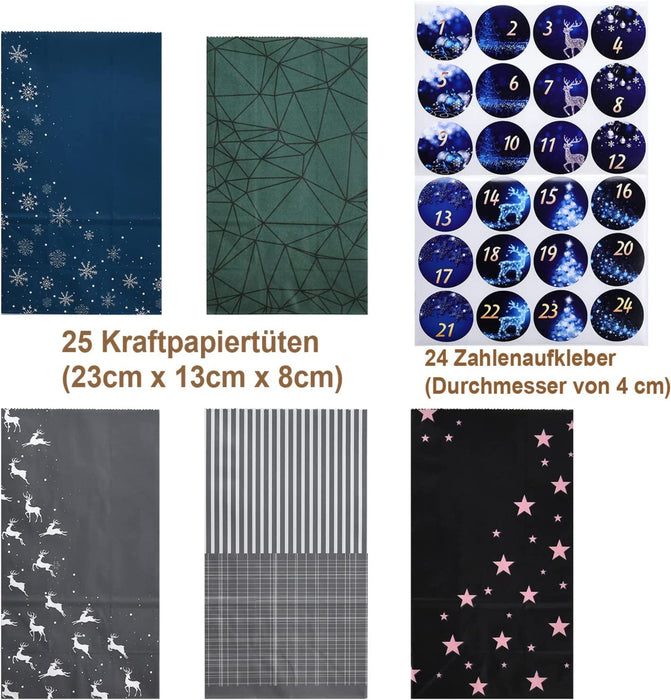 Adventskalender zum Befüllen, 24 Weihnachtskalender Geschenk Papiertüten Groß zum Selber Befüllen, Kraftpapiertüten Advents Tüten Selbstbefüllen mit Aufkleber für Kinder Junge und Männer