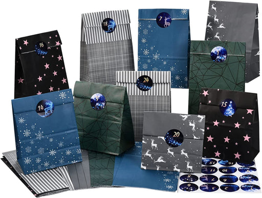 Adventskalender zum Befüllen, 24 Weihnachtskalender Geschenk Papiertüten Groß zum Selber Befüllen, Kraftpapiertüten Advents Tüten Selbstbefüllen mit Aufkleber für Kinder Junge und Männer