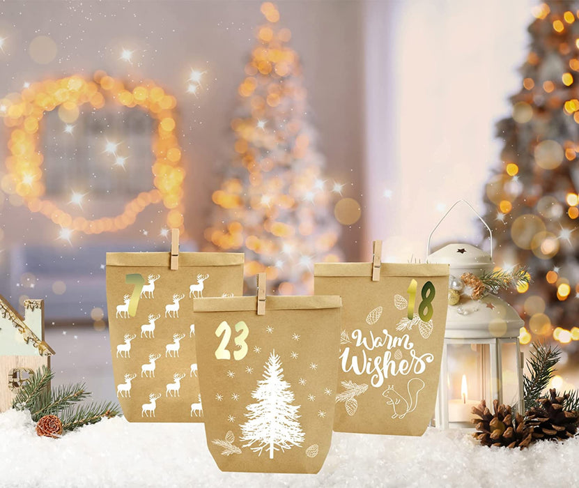 Adventskalender zum Befüllen, 24 Weihnachtskalender Geschenk Papiertüten Groß zum Selber Befüllen, Kraftpapiertüten Advents Tüten Selbstbefüllen
