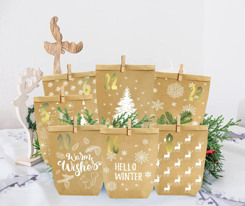 Adventskalender zum Befüllen, 24 Weihnachtskalender Geschenk Papiertüten Groß zum Selber Befüllen, Kraftpapiertüten Advents Tüten Selbstbefüllen
