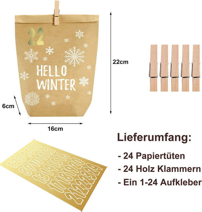 Adventskalender zum Befüllen, 24 Weihnachtskalender Geschenk Papiertüten Groß zum Selber Befüllen, Kraftpapiertüten Advents Tüten Selbstbefüllen