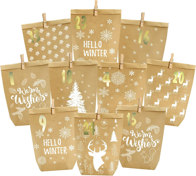Adventskalender zum Befüllen, 24 Weihnachtskalender Geschenk Papiertüten Groß zum Selber Befüllen, Kraftpapiertüten Advents Tüten Selbstbefüllen