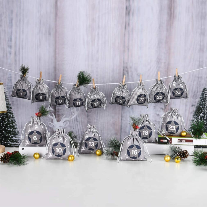 Adventskalender zum Befüllen, Weihnachtskalender Selbstbefüllen Aufhängen, 24 Grau Stoffsäckchen Selbst Befüllen Bastelset, Weihnachten