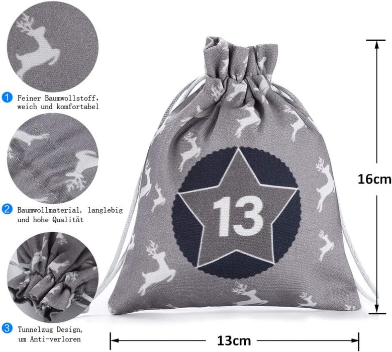 Adventskalender zum Befüllen, Weihnachtskalender Selbstbefüllen Aufhängen, 24 Grau Stoffsäckchen Selbst Befüllen Bastelset, Weihnachten