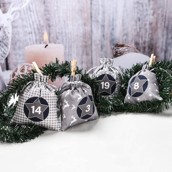 Adventskalender zum Befüllen, Weihnachtskalender Selbstbefüllen Aufhängen, 24 Grau Stoffsäckchen Selbst Befüllen Bastelset, Weihnachten