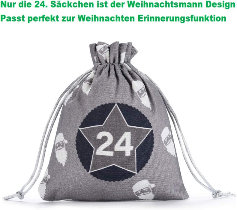 Adventskalender zum Befüllen, Weihnachtskalender Selbstbefüllen Aufhängen, 24 Grau Stoffsäckchen Selbst Befüllen Bastelset, Weihnachten