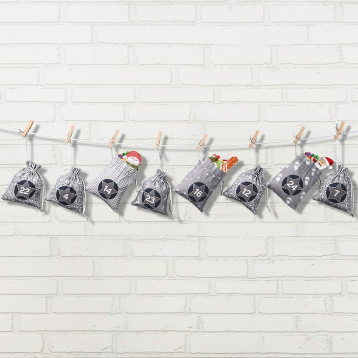 Adventskalender zum Befüllen, Weihnachtskalender Selbstbefüllen Aufhängen, 24 Grau Stoffsäckchen Selbst Befüllen Bastelset, Weihnachten