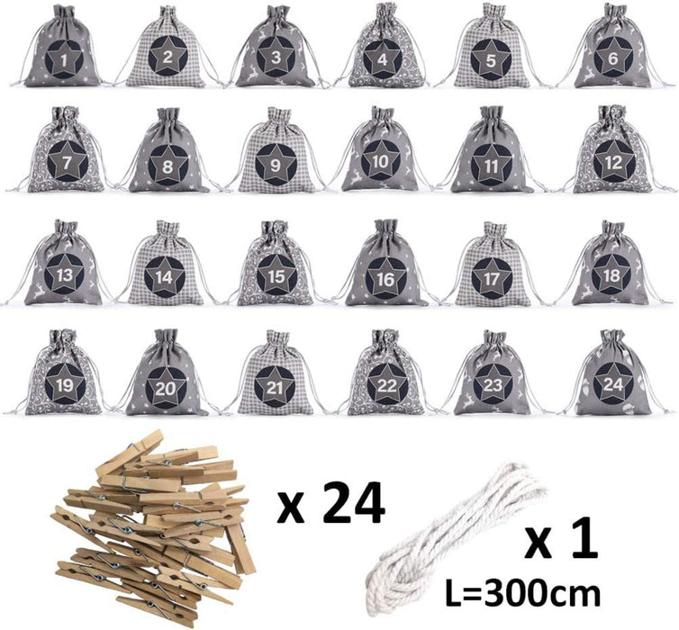 Adventskalender zum Befüllen, Weihnachtskalender Selbstbefüllen Aufhängen, 24 Grau Stoffsäckchen Selbst Befüllen Bastelset, Weihnachten