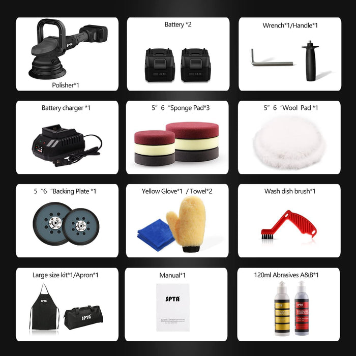 Akku Exzenter Poliermaschine, SPTA 18V Polierer Akku-Polier- Akku-Exzenterpolierer mit Variable Geschwindigkeit, mit 125mm Polierschwamm Polierteller