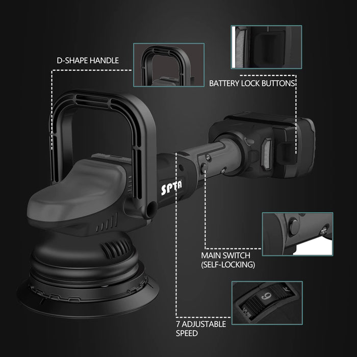 Akku Exzenter Poliermaschine, SPTA 18V Polierer Akku-Polier- Akku-Exzenterpolierer mit Variable Geschwindigkeit, mit 125mm Polierschwamm Polierteller
