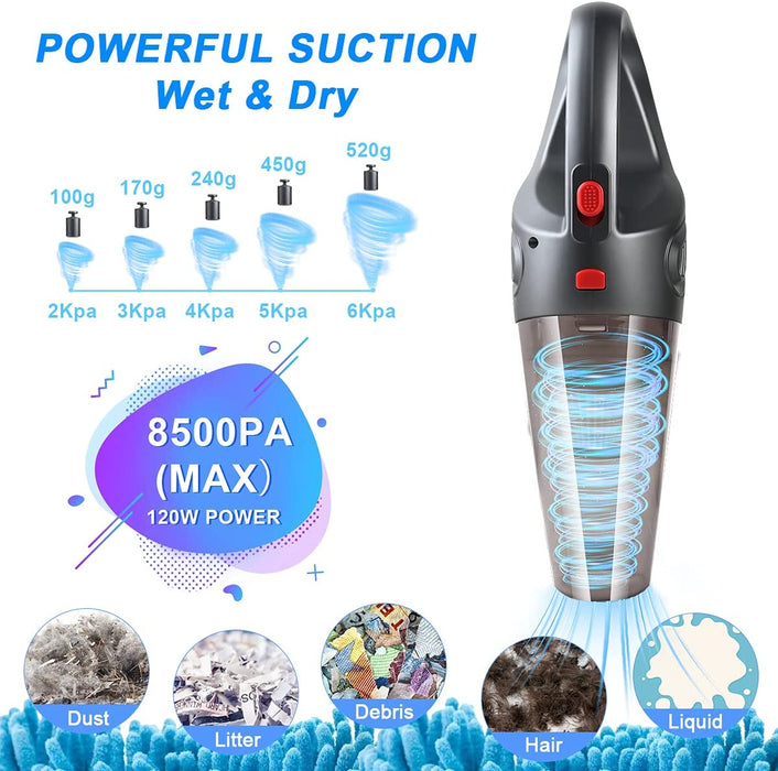 Akku Handstaubsauger, 4 in 1 Handstaubsauger 8500PA Leichter Kabellos Handstaubsauger 120W Autostaubsauger Laden mit USB mit Waschbarer Filter 
