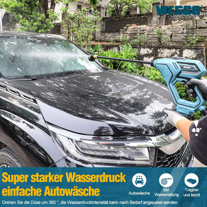 Akku Hochdruckreiniger, tragbare drahtlose WESCO 18V 2.0Ah,6M Schlauch Hochdruckwasserpistole,5 multi-Sprühdüse mit Tragetasche, Verlängerungslanze