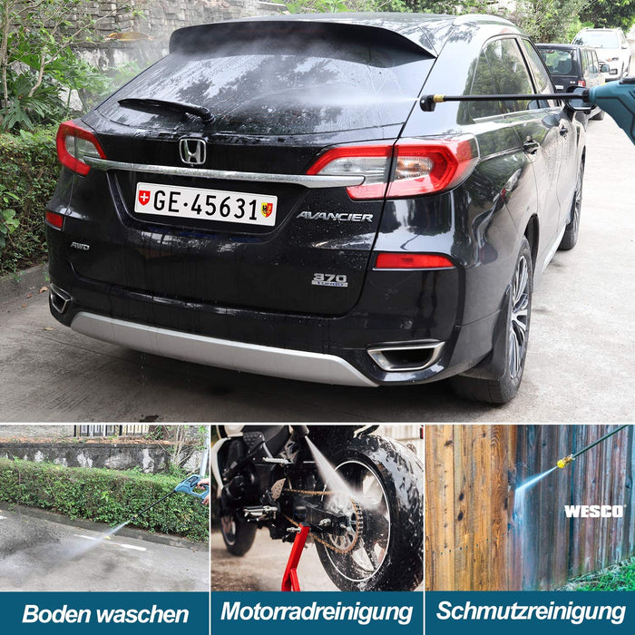 Akku Hochdruckreiniger, tragbare drahtlose WESCO 18V 2.0Ah,6M Schlauch Hochdruckwasserpistole,5 multi-Sprühdüse mit Tragetasche, Verlängerungslanze
