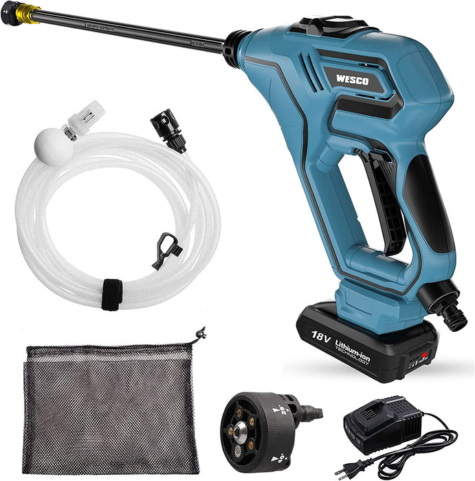 Akku Hochdruckreiniger, tragbare drahtlose WESCO 18V 2.0Ah,6M Schlauch Hochdruckwasserpistole,5 multi-Sprühdüse mit Tragetasche, Verlängerungslanze