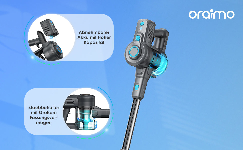 Akku Staubsauger, 6-in-1 Staubsauger Kabellos Selbststehend, 800ml Staubsauger Tierhaare mit Abnehmbarer Akku, LED Licht, Handstaubsauger 