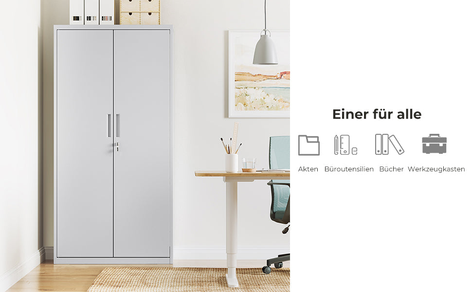 Aktenschrank, Büroschrank mit 2 Türen, Aufbewahrungsschrank aus Stahl, 5 Ebenen, für Garage, Arbeitszimmer, grau