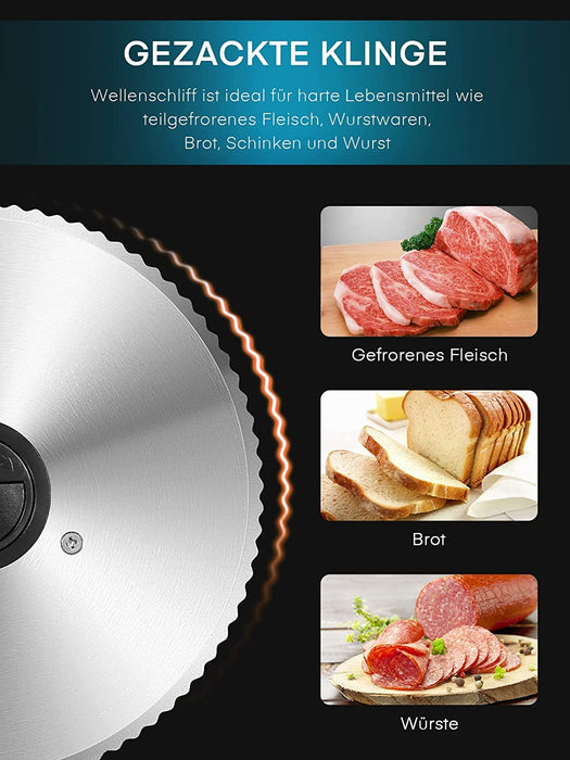 Allesschneider 200W, Brotschneidemaschine Elektrischer mit Zwei 19cm Edelstahlklingen, Wurstschneidemaschine mit Verstellbare Küchenmaschine 