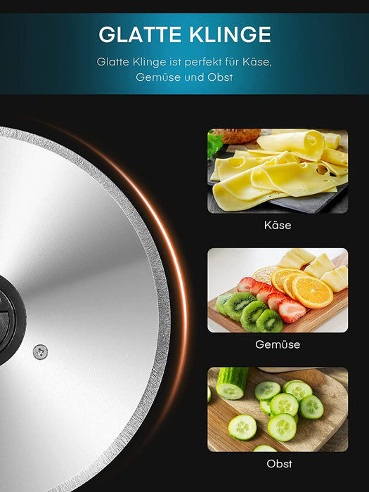 Allesschneider 200W, Brotschneidemaschine Elektrischer mit Zwei 19cm Edelstahlklingen, Wurstschneidemaschine mit Verstellbare Küchenmaschine 