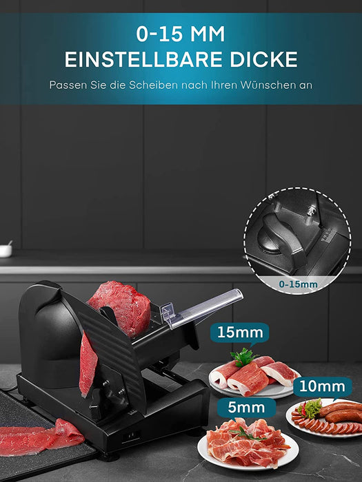 Allesschneider 200W, Brotschneidemaschine Elektrischer mit Zwei 19cm Edelstahlklingen, Wurstschneidemaschine mit Verstellbare Küchenmaschine 