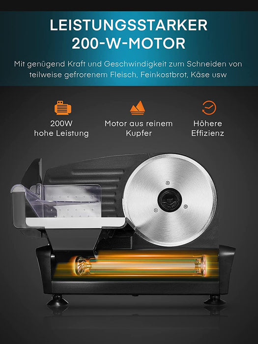 Allesschneider 200W, Brotschneidemaschine Elektrischer mit Zwei 19cm Edelstahlklingen, Wurstschneidemaschine mit Verstellbare Küchenmaschine 