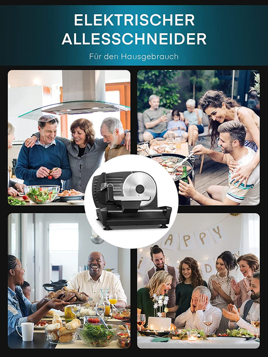 Allesschneider 200W, Brotschneidemaschine Elektrischer mit Zwei 19cm Edelstahlklingen, Wurstschneidemaschine mit Verstellbare Küchenmaschine 