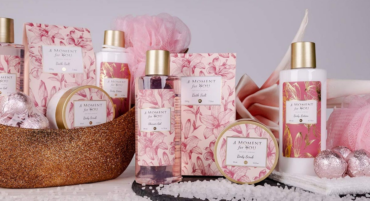 A moment for you Badeset Geschenkset in wunderschönem Glitzer Pumps 9-teiliges Luxus Beautyset Pflegeset Duschset – für ein entspanntes SPA Erlebnis