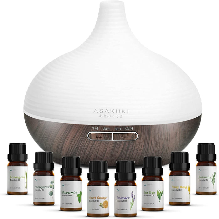Aroma Diffuser, 300ml Ultraschall Luftbefeuchter mit 8  10ml Ätherische Öle Set, Diffuser Ätherische Öle, 14-Farben-LED, 23dB Cool Mist Raumbefeuchter