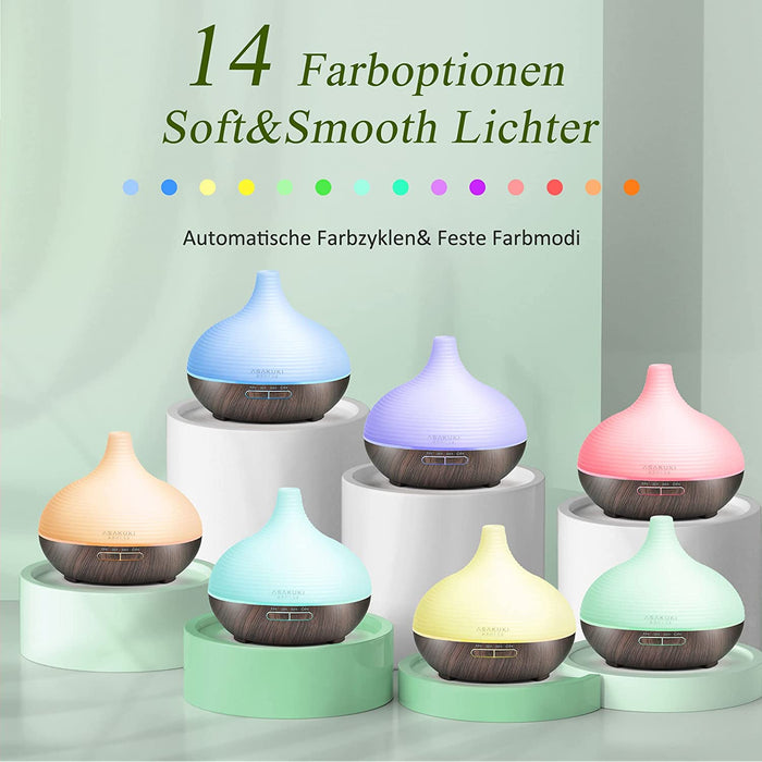 Aroma Diffuser, 300ml Ultraschall Luftbefeuchter mit 8  10ml Ätherische Öle Set, Diffuser Ätherische Öle, 14-Farben-LED, 23dB Cool Mist Raumbefeuchter