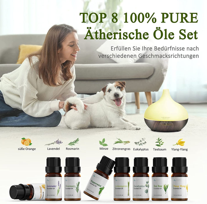 Aroma Diffuser, 300ml Ultraschall Luftbefeuchter mit 8  10ml Ätherische Öle Set, Diffuser Ätherische Öle, 14-Farben-LED, 23dB Cool Mist Raumbefeuchter