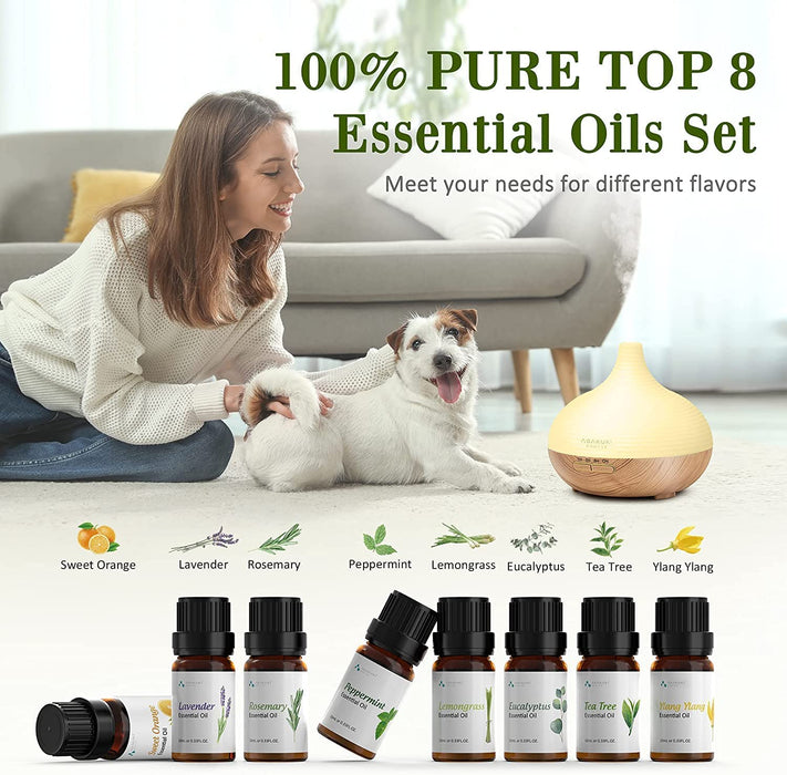 Aroma Diffuser, 300ml Ultraschall Luftbefeuchter mit 8  10ml Ätherische Öle Set, Diffuser Ätherische Öle, 14-Farben-LED, 23dB Cool Mist Raumbefeuchter