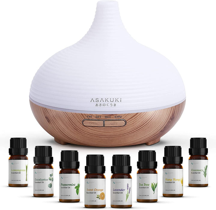 Aroma Diffuser, 300ml Ultraschall Luftbefeuchter mit 8  10ml Ätherische Öle Set, Diffuser Ätherische Öle, 14-Farben-LED, 23dB Cool Mist Raumbefeuchter
