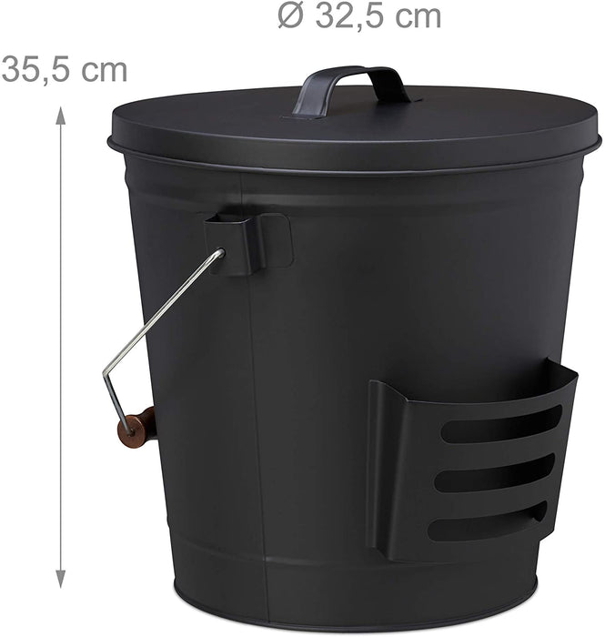 Ascheeimer mit Deckel und Schaufel, Stahl, Kohleeimer mit Henkel, 19 L, Ascheschaufel Kamin & Grill, 47,5 x 38 x 33 cm