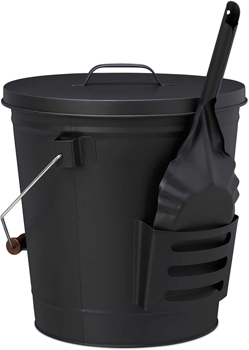 Ascheeimer mit Deckel und Schaufel, Stahl, Kohleeimer mit Henkel, 19 L, Ascheschaufel Kamin & Grill, 47,5 x 38 x 33 cm