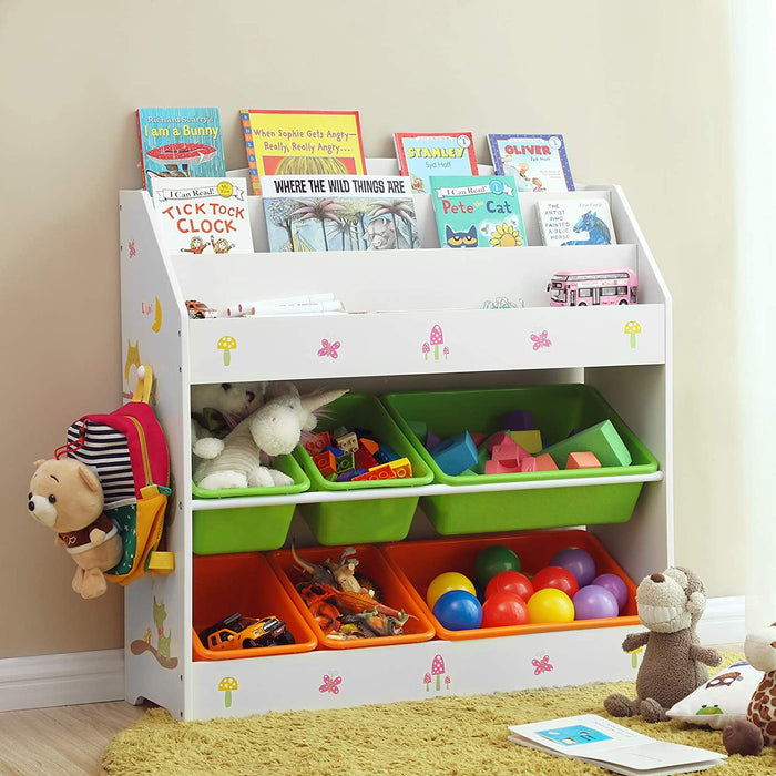 Aufbewahrungsschrank für Kinder, 3-stöckiges Bücherregal und 6 herausnehmbare Behälter für Kinderzimmer, Kindergarten, Mehrfarbig, weiß
