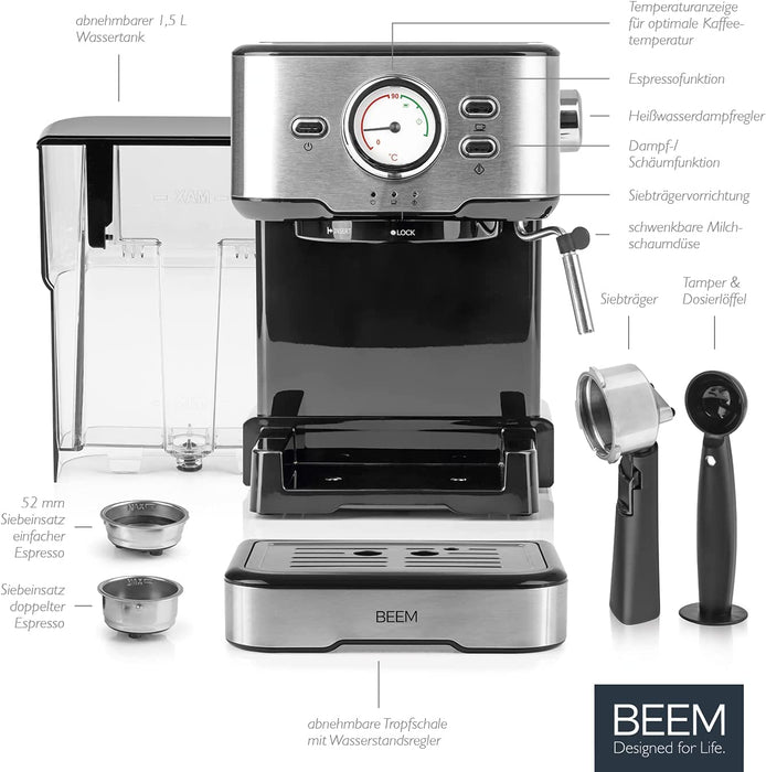 BEEM ESPRESSO-SELECT Espressomaschine im klassischen Design  Siebträgermaschine mit 15 bar und professioneller Milchschaumdüse 