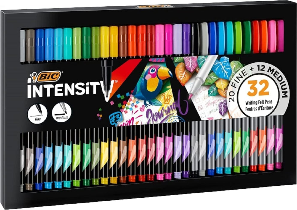BIC Intensity Fineliner Set, Filzstifte mit 32 Stiften, mit feiner & mittlerer Spitze, für Bullet Journal & Mandala, Ideal als Geschenk zur Einschulung