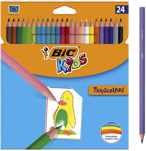 BIC Kids Buntstifte Tropicolors, zum Malen in 24 Farben, im Karton Etui, ab 5 Jahre, Bruchsichere Mine und ohne Holz