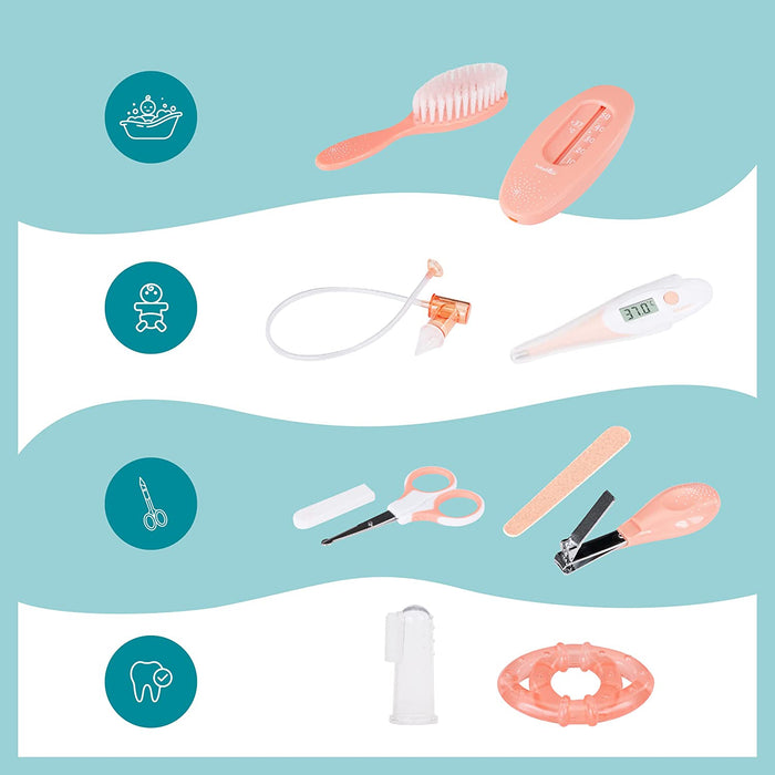 Baby-Kulturtasche - Pflege-Set, für Babys, 9-teilig, mit digitalem Fieberthermometer, Nasensauger, apricot