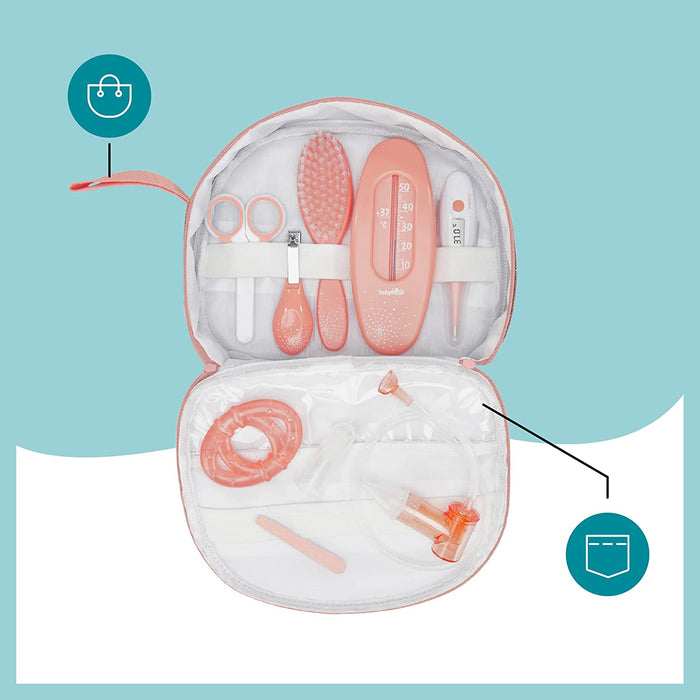 Baby-Kulturtasche - Pflege-Set, für Babys, 9-teilig, mit digitalem Fieberthermometer, Nasensauger, apricot