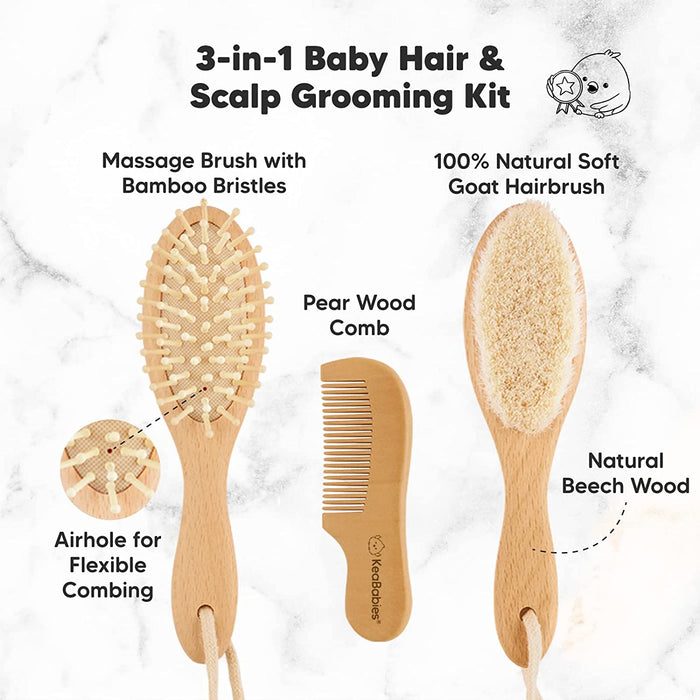 Baby Haarbürste und Baby Kamm Set - Natürliche Holz Babyhaar Haarbürste mit weichen Ziegenborsten - Baby Bürste 0-6 monate
