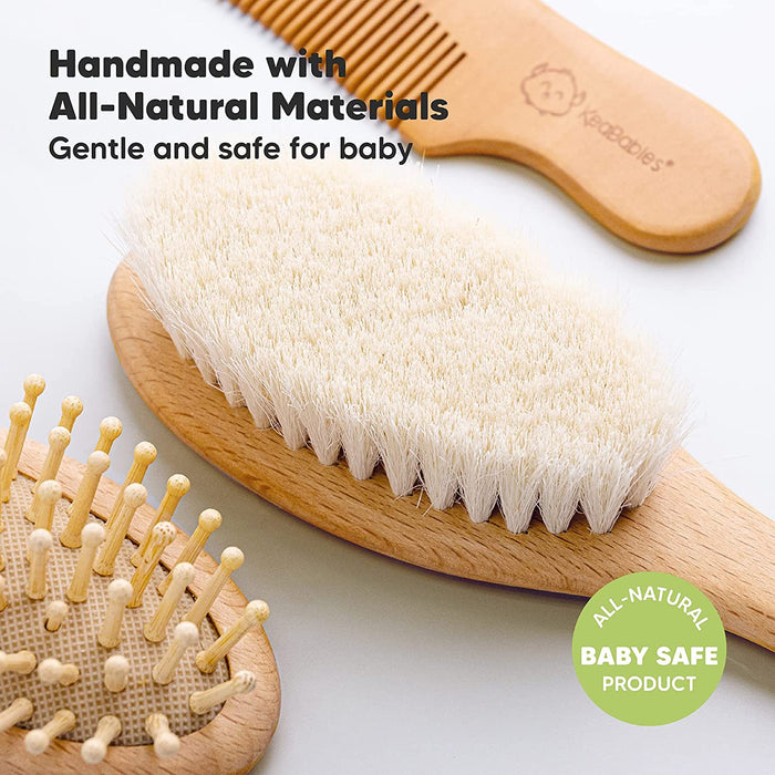 Baby Haarbürste und Baby Kamm Set - Natürliche Holz Babyhaar Haarbürste mit weichen Ziegenborsten - Baby Bürste 0-6 monate