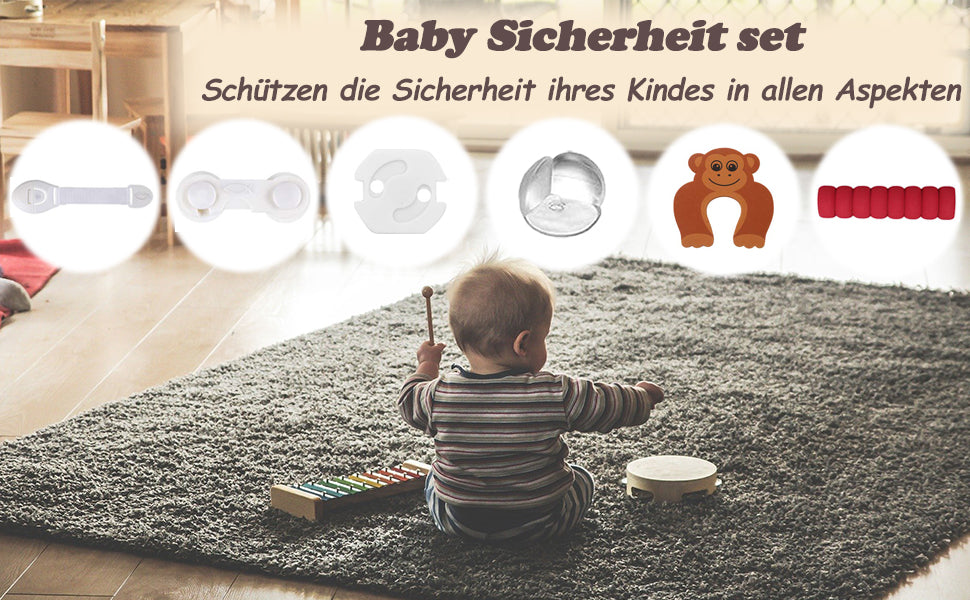 Baby Sicherheit Set Baby Kindersicherung Set mit Steckdosenschutz Eckenschutz verstellbare Schranksicherung und Türklammern Türklinkenschutz 