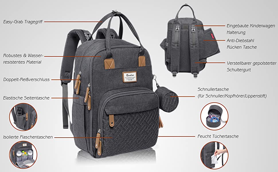 Baby Wickelrucksack Wickeltasche Rucksack mit tragbarer Wickelauflage, Schnullerhalter und Kinderwagengurten, Babytasche Multifunktional 